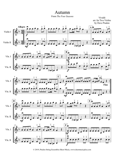 Vivaldi Autumn (Allegro) for Two Violins (Arr. Dave Prudon) (Violin Duet)