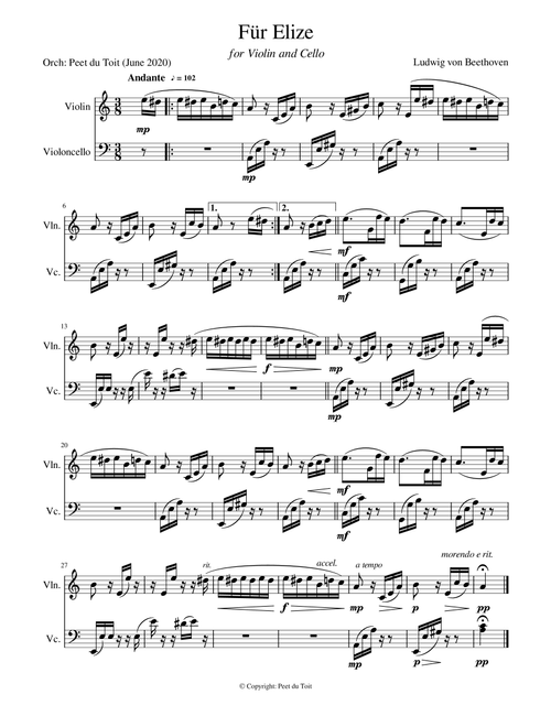 Für Elize - L von Beethoven (Violin & Cello) (Arr. Peet du Toit) - Ludwig Von Beethoven (Instrumental Duet)