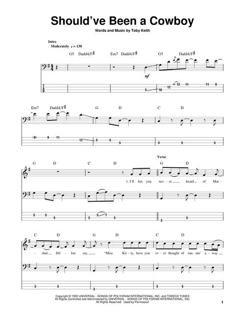 Should've Been A Cowboy - Toby Keith (Bass Tab)