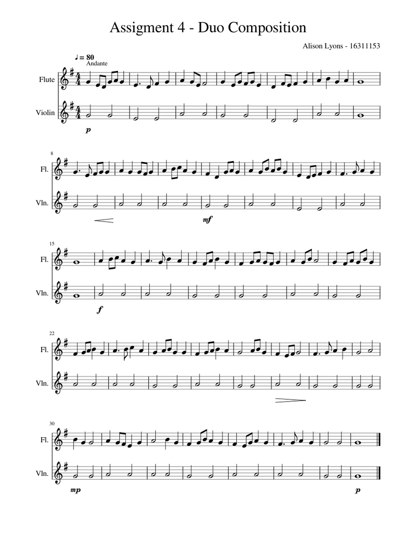 Assigment 4 Duo Composition Sheet music for Flute, Violin (Mixed Duet ...