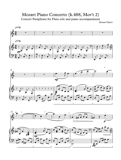 Mozart k.488, mov't 2, paraphrased and arranged for flute and piano (Arr. Paul Taylor) (Flute and Piano)