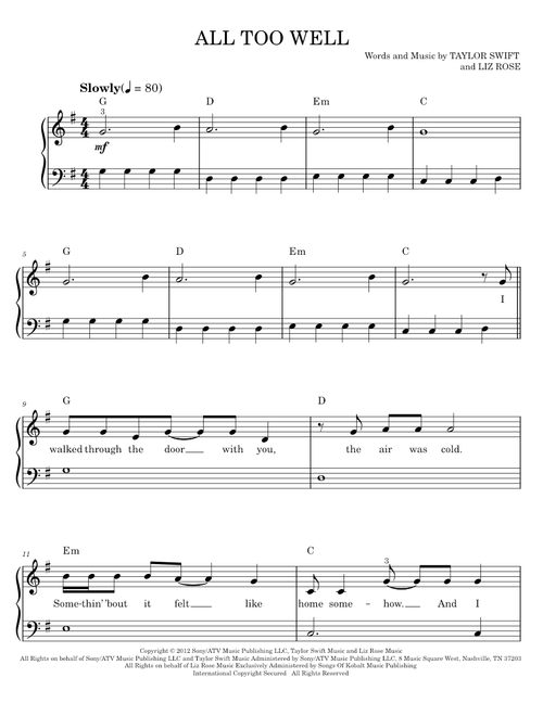 All too well - Taylor Swift (Easy Piano)