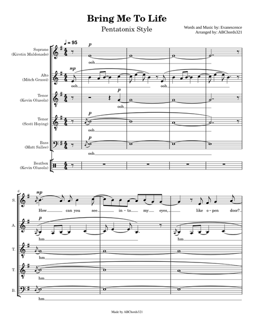 Bring Me To Life | Pentatonix Style acapella sheet music