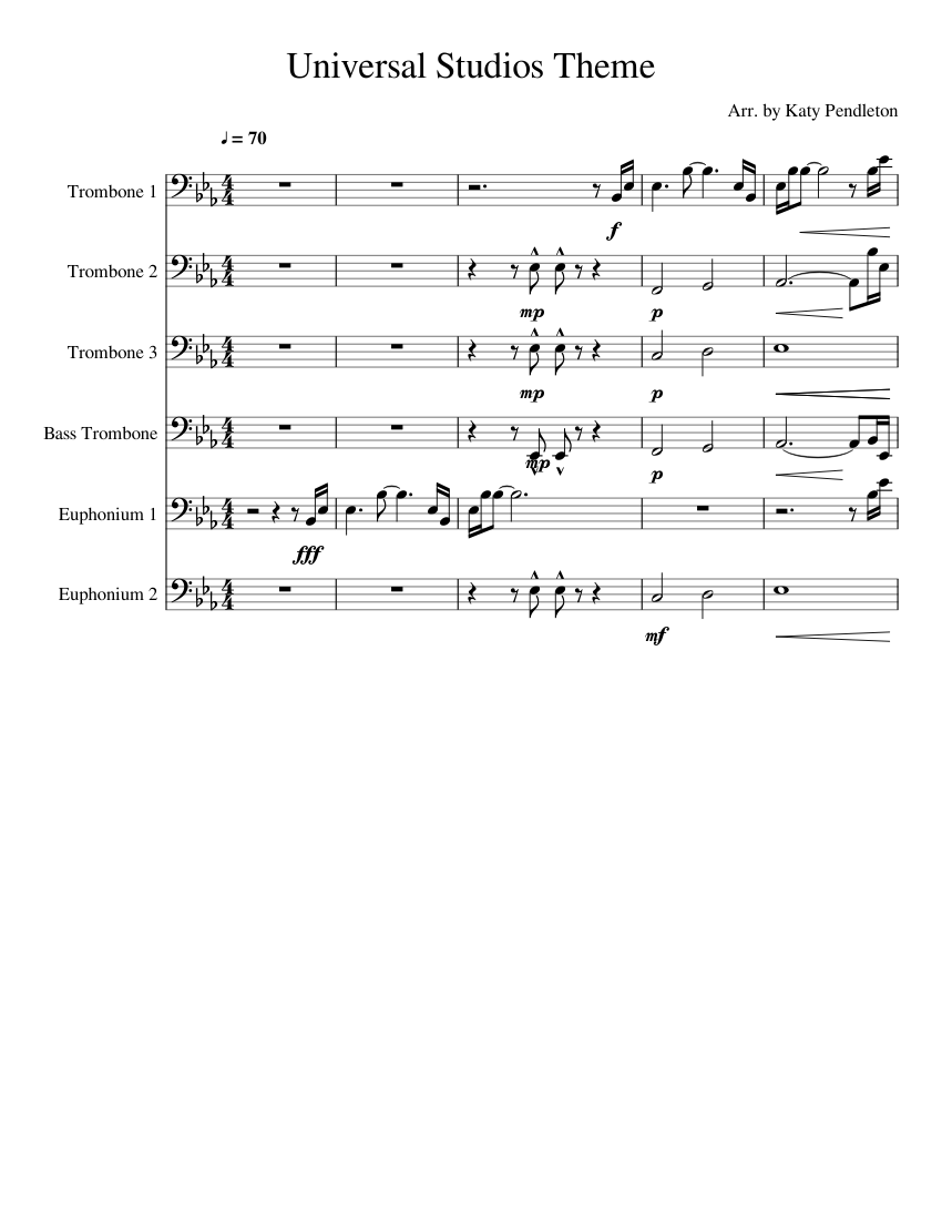 Universal Studios Theme Sheet Music for Trombone, Euphonium, Trombone ...