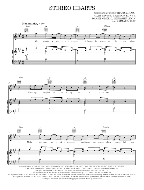 Stereo Hearts - Gym Class Heroes featuring Adam Levine (Piano-Vocal-Guitar)