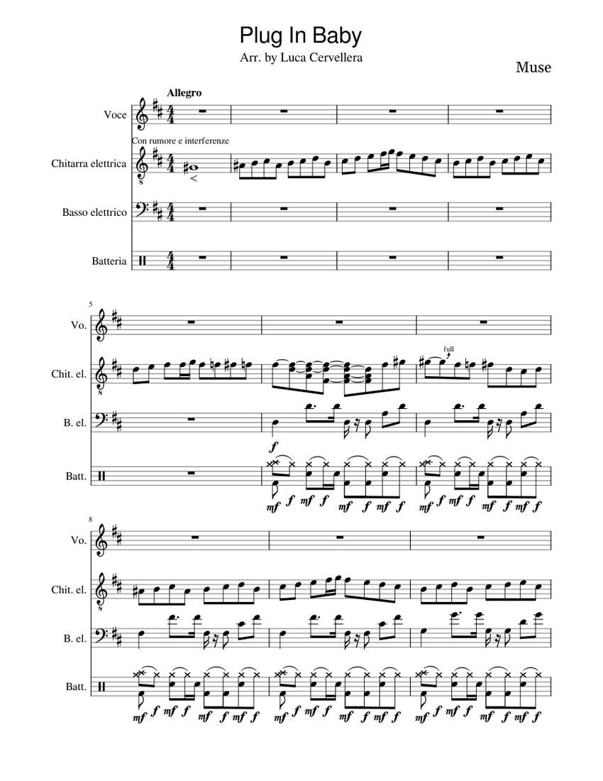 Plug In Baby – Muse Sheet Music for Vocals, Guitar, Bass guitar, Drum ...