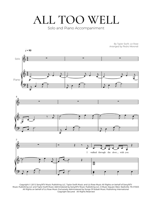 All Too Well (Arr. Pedro Merendi) - Taylor Swift (Piano Vocal)