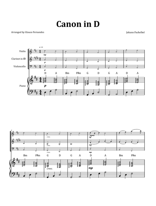 Canon by Pachelbel - Violin, Clarinet, and Cello Trio with Piano and Chord Notation (Arr. Glauco Fernandes) - Johann Pachelbel (Small Ensemble)