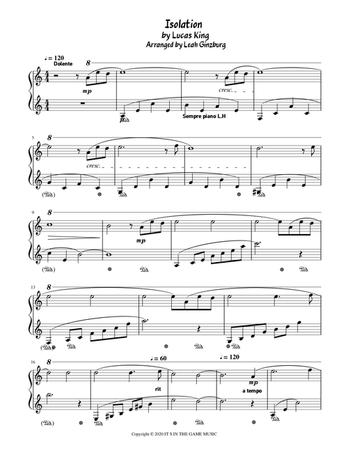 Isolation (Arr. Leah Ginzburg) - Lucas King (Easy Piano)