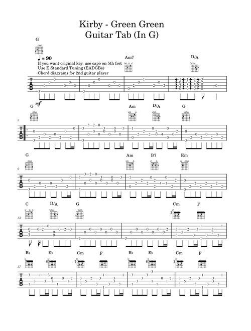 Kirby - Green Greens - Guitar Tab Fingerstyle (In G)