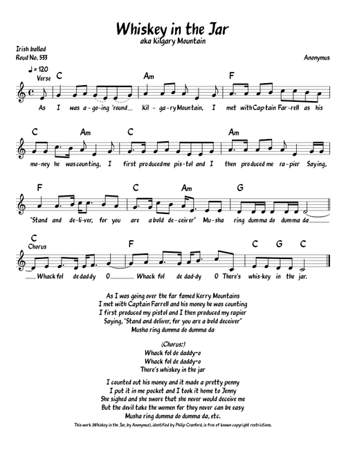 Whiskey in the Jar / Kilgary Mountain - Lead Sheet