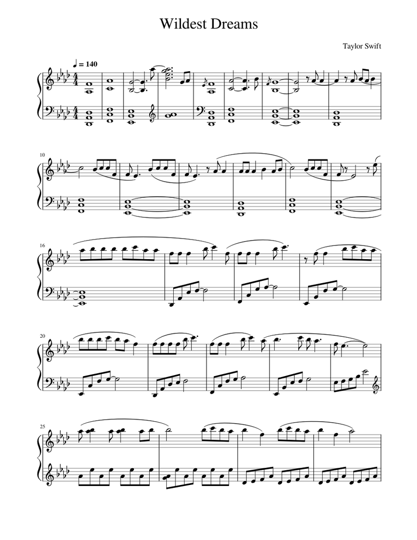 Wildest Dreams – Taylor Swift (Bridgerton) Sheet Music for Piano (Solo ...
