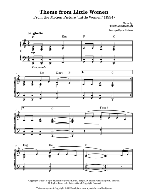 Little Women Theme (Arr. an3piano) - Thomas Newman (Easy Piano)
