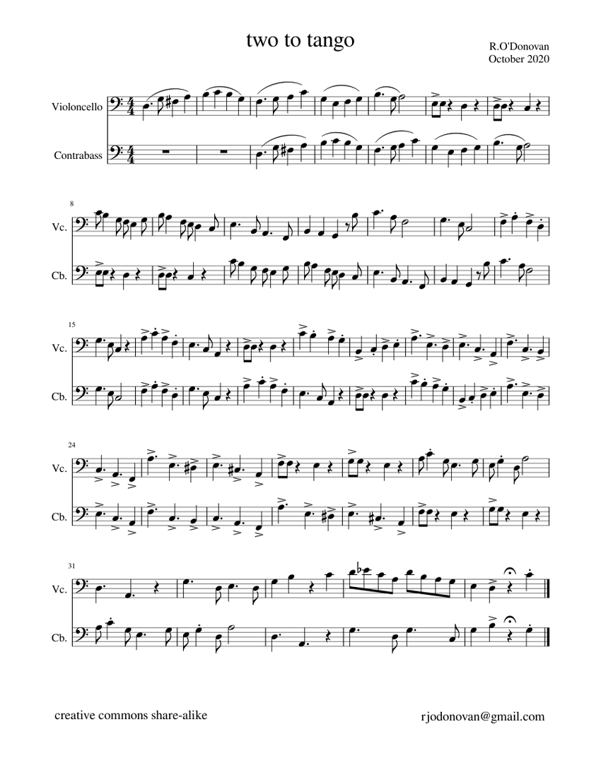 two to tango (a canon) Sheet Music for Contrabass, Cello (String