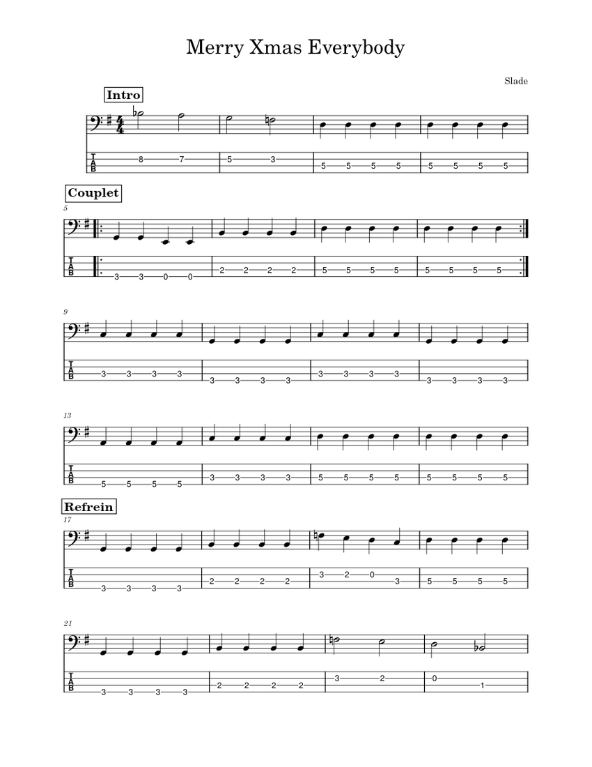 Merry Xmas Everybody Sheet music for Bass guitar (Solo) | Musescore.com
