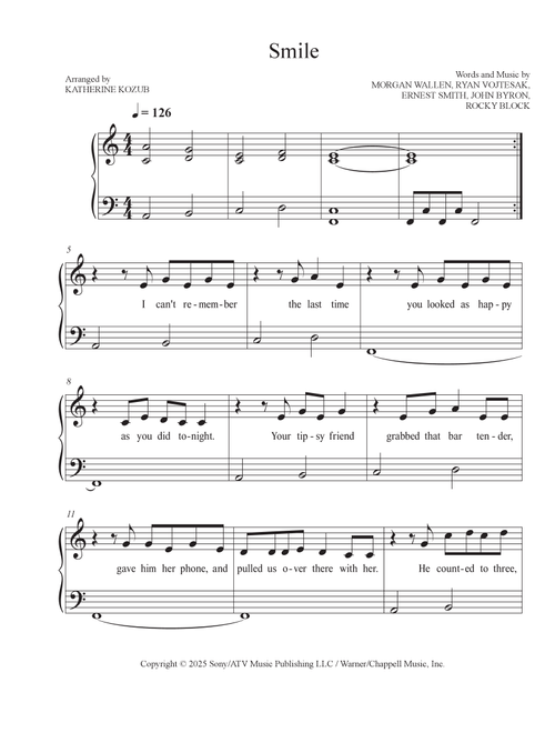 Smile (Arr. Katherine Kozub) - Morgan Wallen (Easy Piano)