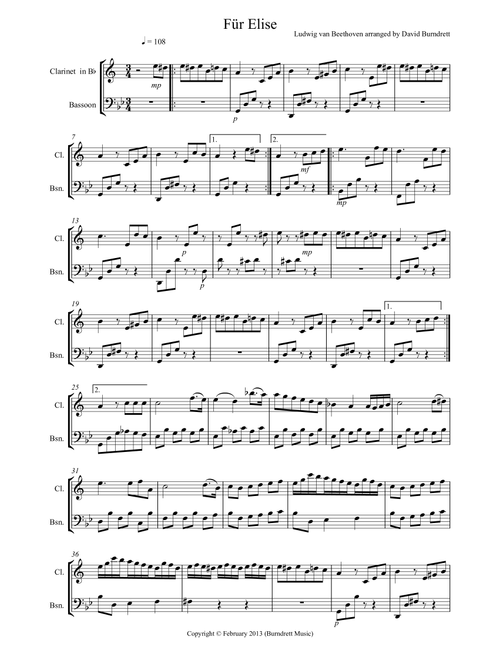 Für Elise for Clarinet and Bassoon Duet (Arr. David Burndrett) - Ludwig Van Beethoven (Instrumental Duet)