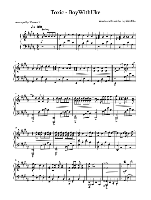 Toxic (Arr. Warren K.) - Boywithuke (Piano Solo)