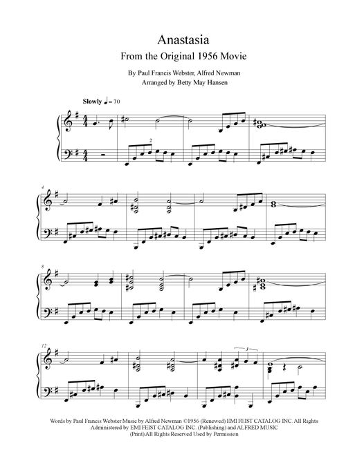 Anastasia (Arr. Betty May Hansen) - Alfred Newman (Piano Solo)