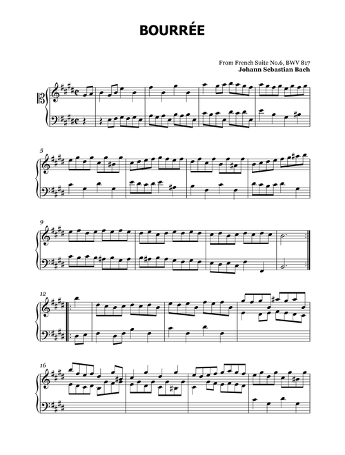 Bourrée - From French Suite No.6, BWV 817 (Arr. L. Müller) - J S Bach (Easy Piano)