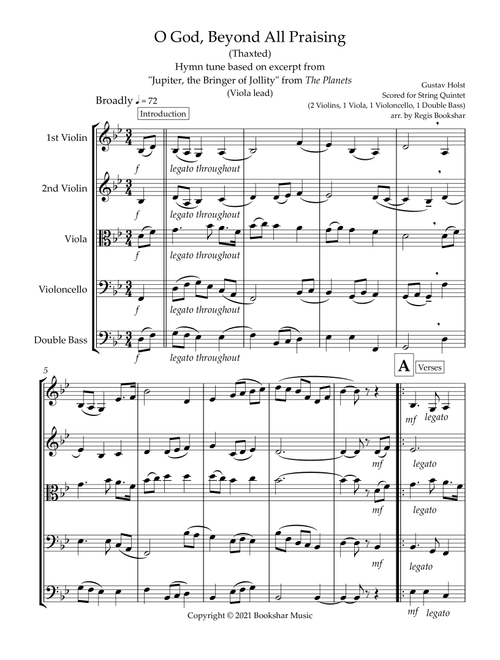 O God, Beyond All Praising (Thaxted) (Bb) (String Quintet - 2 Violins, 1 Viola, 1 Cello, 1 Bass) (Vi (Arr. Regis Bookshar) - Gustav Holst (String Ensemble)