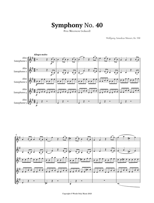 Symphony No. 40 by Mozart for Alto Sax Quintet (Arr. Ander) (Woodwind Ensemble)