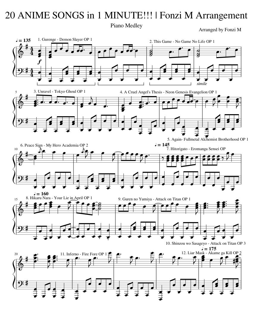 20 ANIME SONGS in 1 MINUTE!!! Fonzi M Arrangement Sheet Music for Piano ...