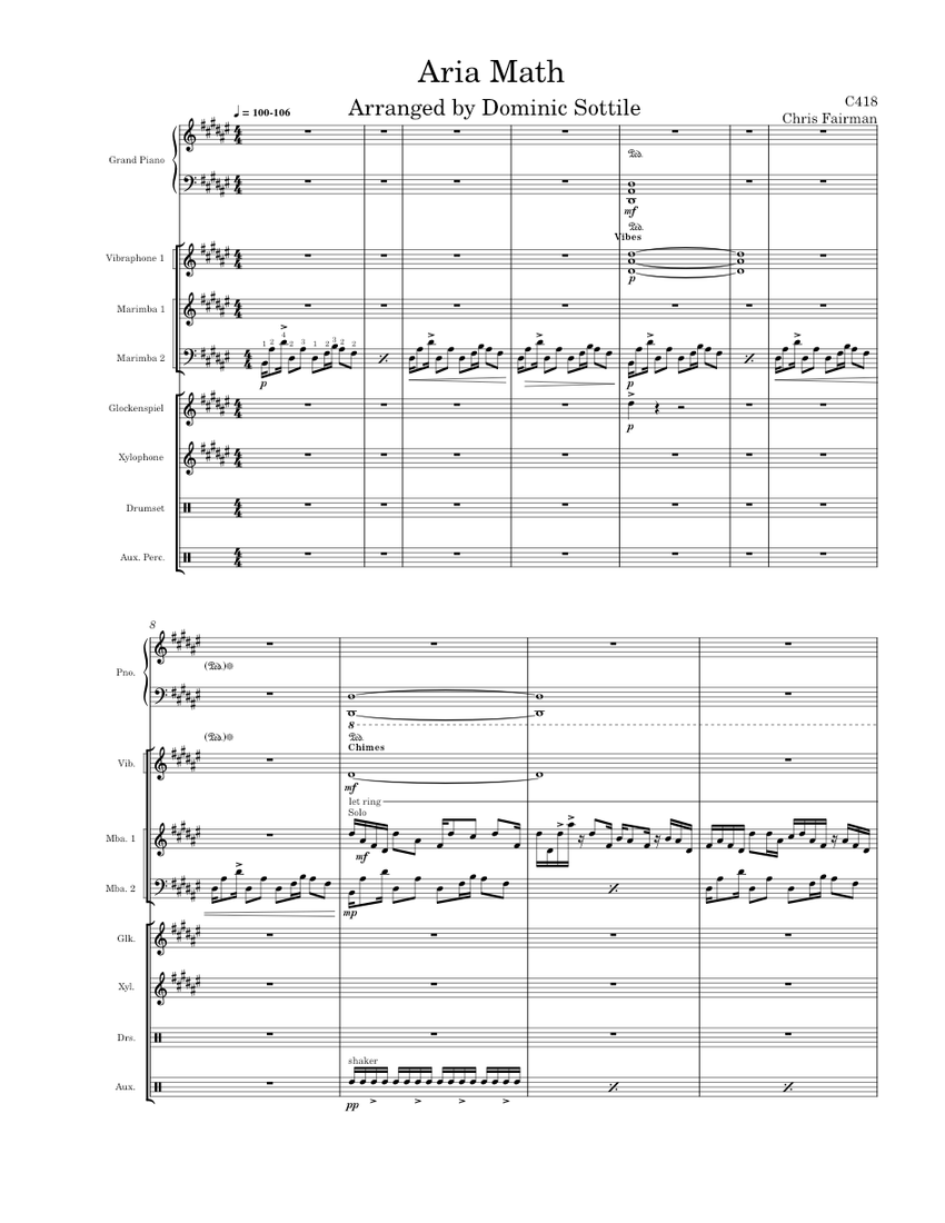 Aria Math for percussion ensemble Sheet music for Piano Vibraphone Glockenspiel Drum group more instruments Mixed Ensemble Musescore