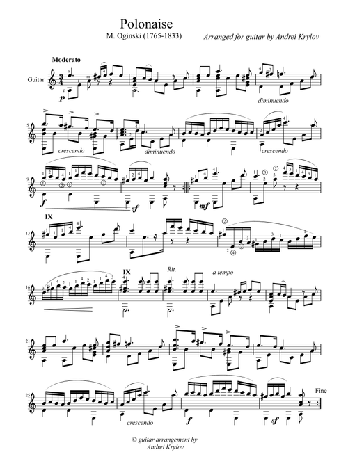 Polonaise 'Pożegnanie Ojczyzny' (Ogiński, Michał Kleofas), arrangement for classical guitar by An (Arr. Andrei Krylov) (Solo Guitar)
