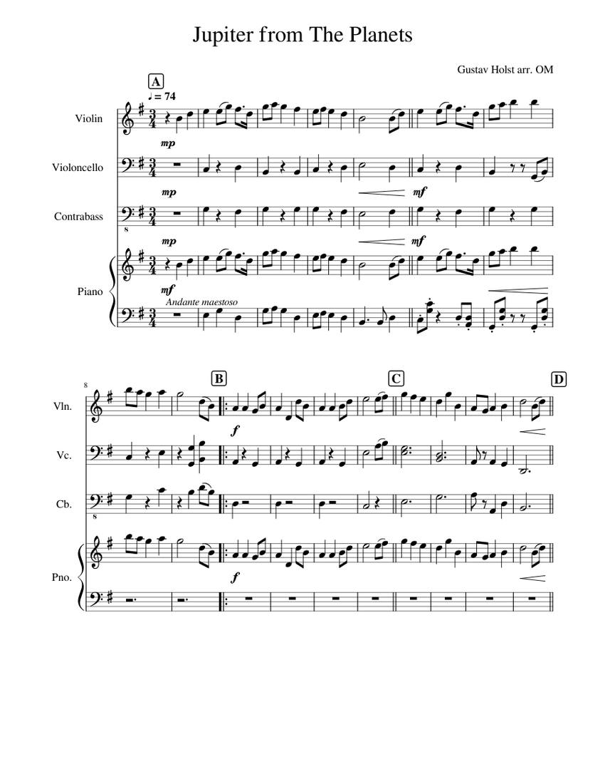 Jupiter Sheet music for Piano Contrabass Violin Cello Mixed Quartet Musescore