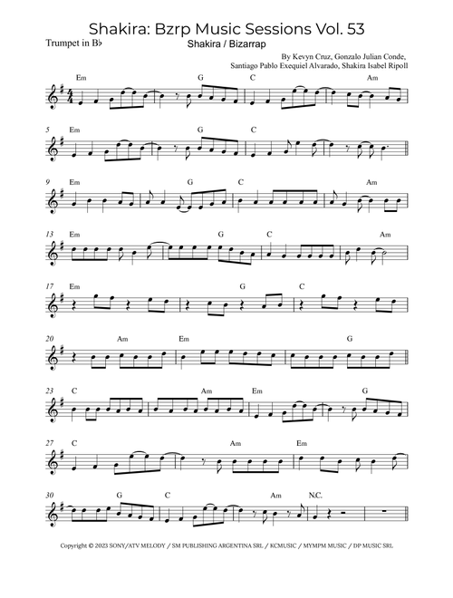 Shakira: Bzrp Music Sessions Vol. 53 (Arr. Alex Nunes Rodrigues) - Shakira / Bizarrap (Trumpet Solo)
