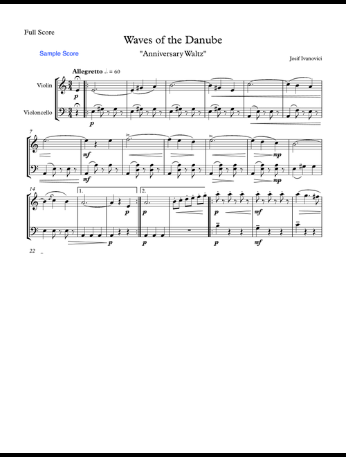 WAVES OF THE DANUBE "Anniversary Waltz" String Duo, Intermediate Level for violin and cello (Arr. Sherry Lewis) - Ion Ivanovici (Instrumental Duet)