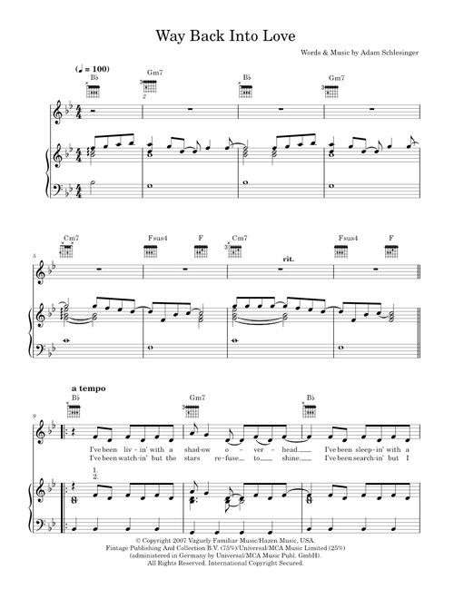 Way Back Into Love (from the soundtrack to 'Music And Lyrics') - Hugh Grant & Haley Bennett (Piano-Vocal-Guitar (Piano Accompaniment))