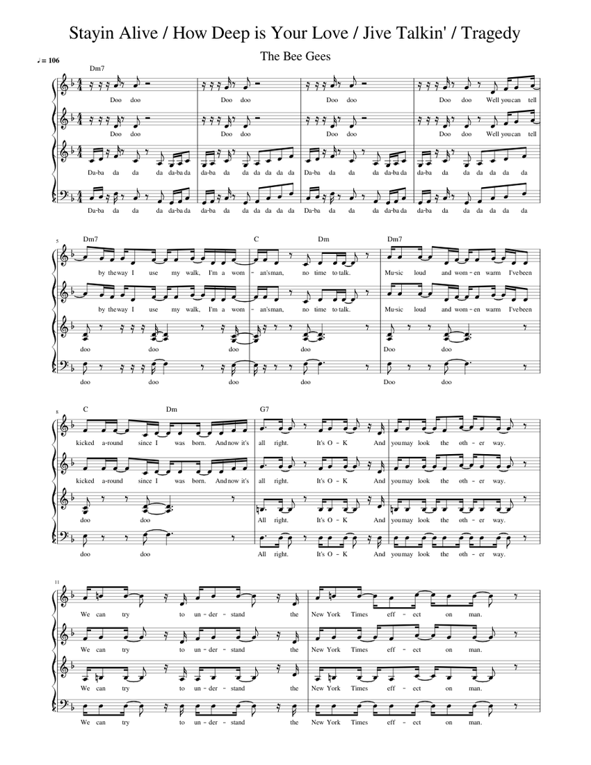 Bee Gees - SATB Sheet Music with Chords for Piano (Mixed Quartet