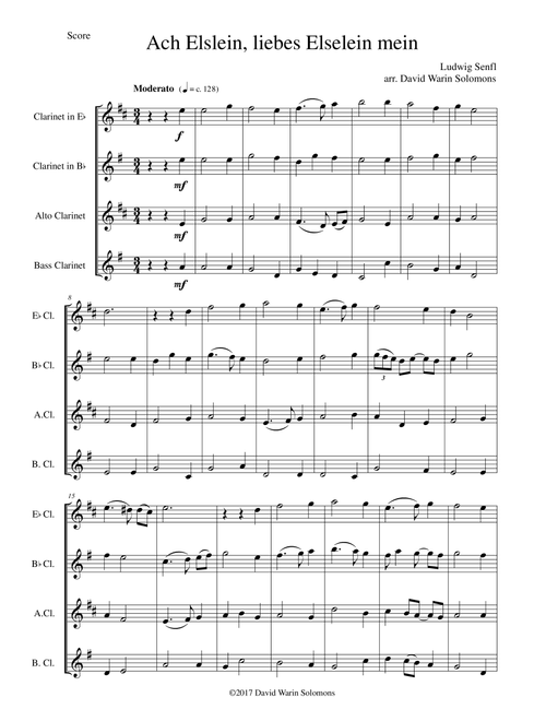 Ach Elslein, liebes Elselein mein for clarinet quartet (E flat, B flat, Alto, Bass) (Arr. David Warin Solomons) - Ludwig Senfl (Woodwind Ensemble)