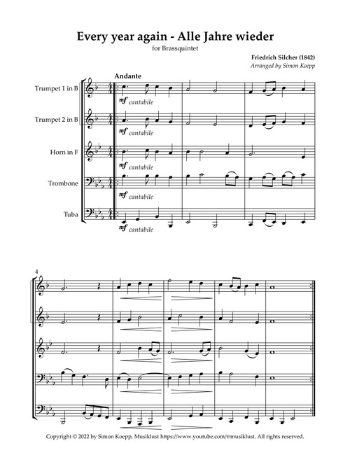 Every year again (Alle Jahre wieder) for Brassquintet (Arr. Simon Koepp) - Friedrich Silcher (Brass Ensemble)