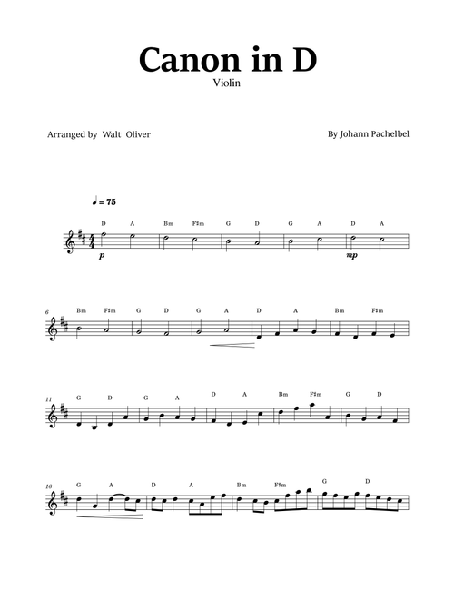 Canon in D - Violin solo - Easy - Johann Pachelbel (with chords) (Arr. Walt Oliver) (Violin Solo)