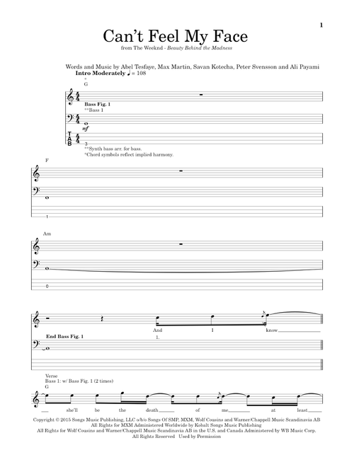 Can't Feel My Face - The Weeknd (Bass Tab)