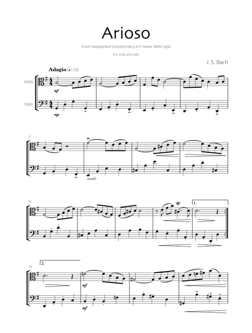 Arioso - Bach (Viola and Cello) (Arr. Robin Hood Editions) - J. S. Bach (Instrumental Duet)