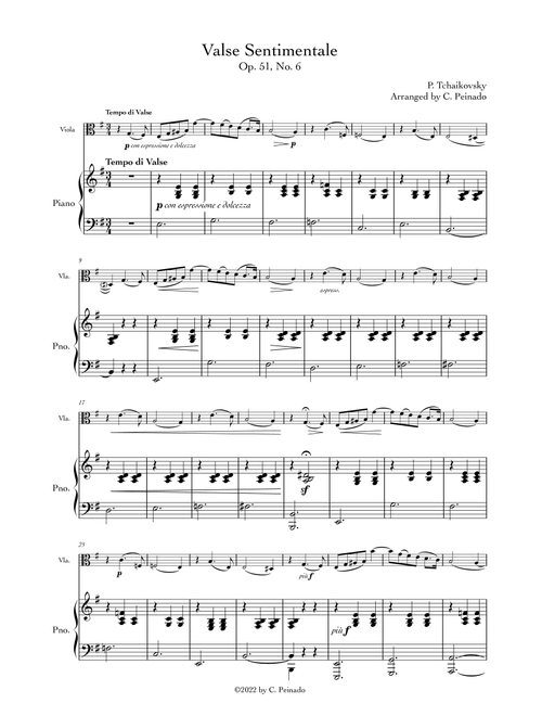 Valse Sentimentale Op.51, No. 6 (For Viola and Piano) (Arr. C. Peinado) - P Tchaikovsky (Viola and Piano)