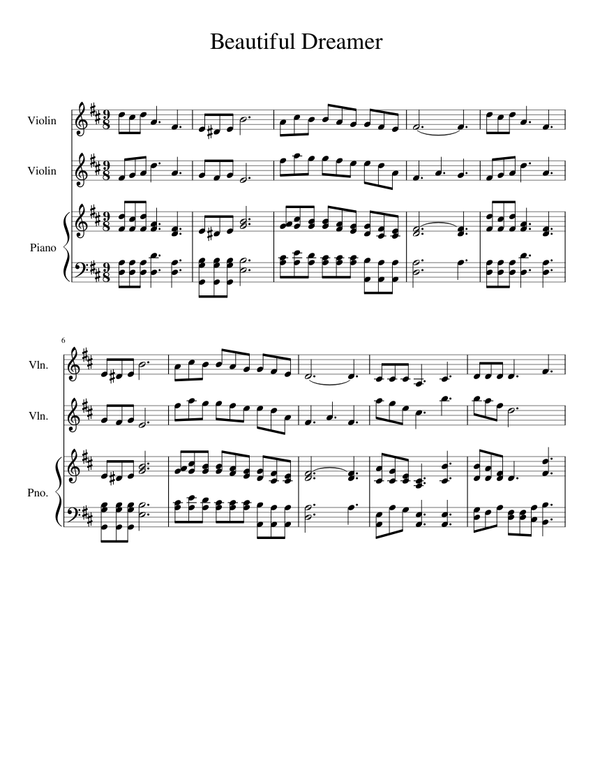 Beautiful Dreamer for 2 Violins Piano Sheet music for Piano, Violin ...