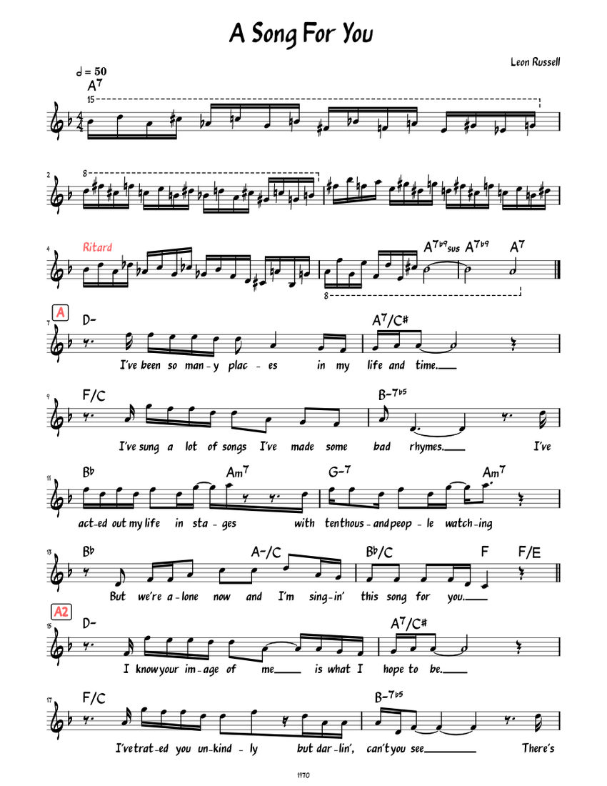 A Song for You Lead sheet with lyrics Sheet music for Piano Solo Easy Musescore