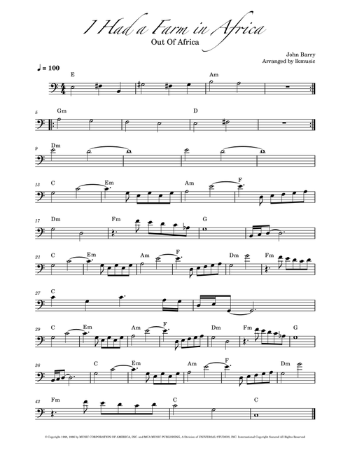 I Had A Farm In Africa (Main Title) (Arr. Lkmusic) - John Barry (Cello Solo)