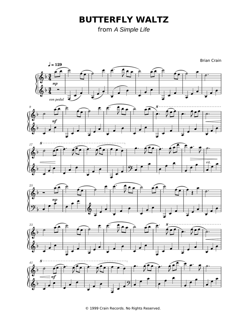 Butterfly Waltz – Brian Crain Sheet Music for Piano (Solo) Easy | MuseScore.com Butterfly Waltz – Brian Crain