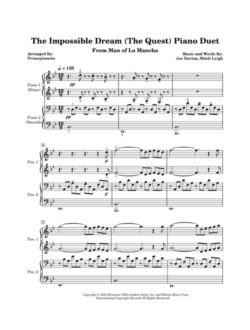 The Impossible Dream (The Quest) (Arr. Primopiano4u) - Man Of La Mancha (Piano Duet)
