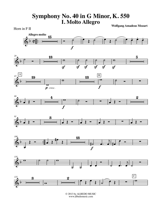 Mozart Symphony No. 40, Movement I - Horn in F 2 (Transposed Part), K. 550 (Arr. Doug Clyde) - Wolfgang Amadeus Mozart (French Horn Solo)