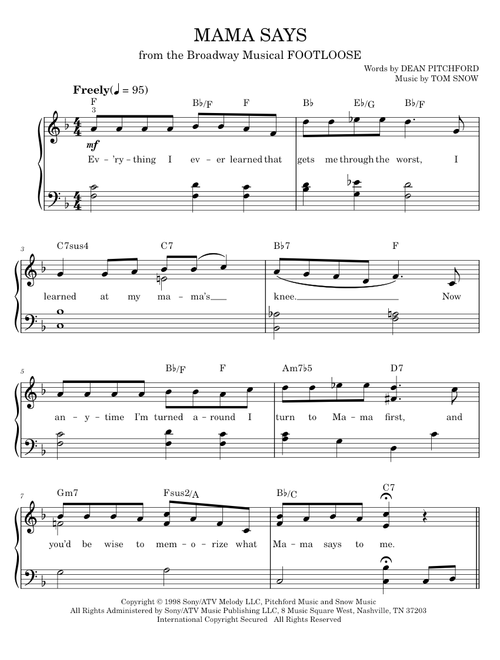 Mama Says - Dean Pitchford, Footloose Musical, Tom Snow (Easy Piano)