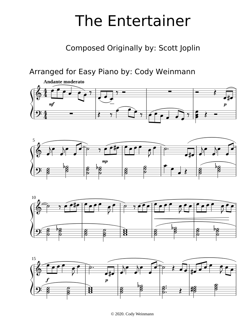 The Entertainer Arranged for Easy Piano Sheet Music for Piano (Solo ...