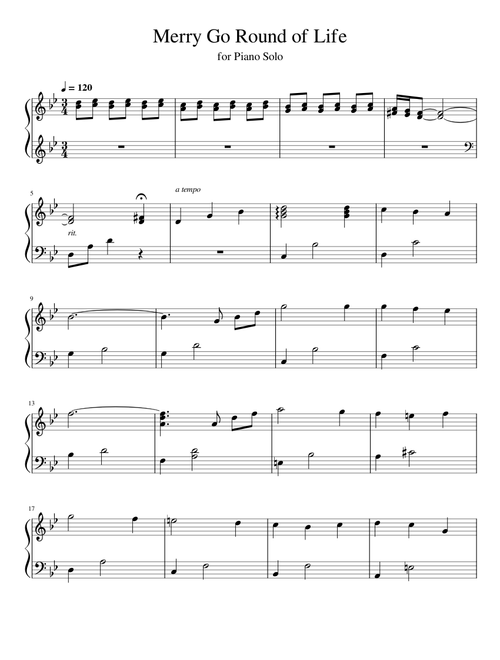 Merry Go Round of Life Easy Piano Excerpt