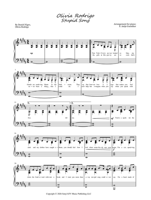 Stupid Song (Arr. S. Antje Guenther) - Olivia Rodrigo (Piano Solo)